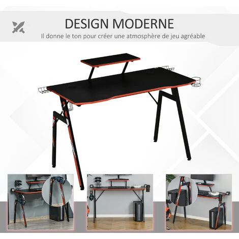 HOMCOM Bureau Gaming Bureau Gamer Bureau Informatique Bracket Casque Enceintes Porte-gobelet Grand Plateau MDF Texture Carbone + étagère écran Châssis Acier Rouge Noir 6 HOMCOM Bureau Gaming Bureau Gamer Bureau Informatique Bracket Casque Enceintes Porte-gobelet Grand Plateau MDF Texture Carbone + étagère écran Châssis Acier Rouge Noir – Image 4