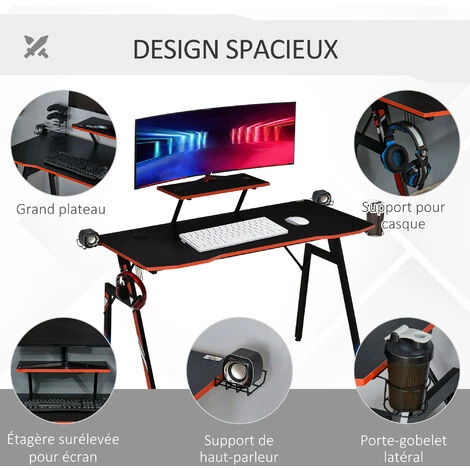 HOMCOM Bureau Gaming Bureau Gamer Bureau Informatique Bracket Casque Enceintes Porte-gobelet Grand Plateau MDF Texture Carbone + étagère écran Châssis Acier Rouge Noir 7 HOMCOM Bureau Gaming Bureau Gamer Bureau Informatique Bracket Casque Enceintes Porte-gobelet Grand Plateau MDF Texture Carbone + étagère écran Châssis Acier Rouge Noir – Image 5