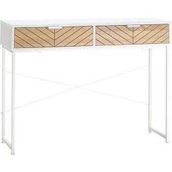 HOMCOM Table Console Industriel 2 Tiroirs Aspect Bois De Chêne Sculpté Motif à Chevrons Piètement Métal Blanc