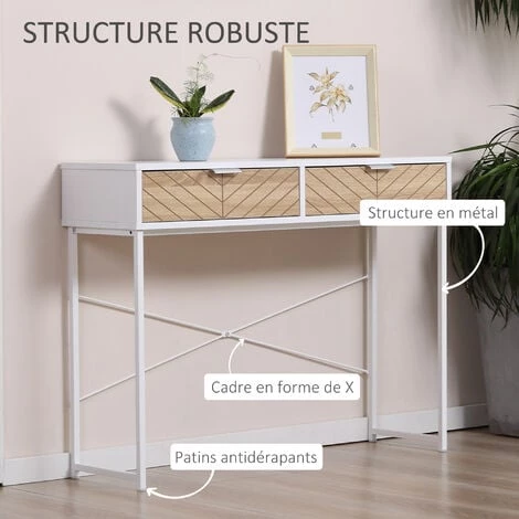 HOMCOM Table Console Industriel 2 Tiroirs Aspect Bois De Chêne Sculpté Motif à Chevrons Piètement Métal Blanc 7 HOMCOM Table Console Industriel 2 Tiroirs Aspect Bois De Chêne Sculpté Motif à Chevrons Piètement Métal Blanc – Image 5