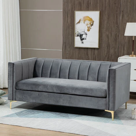 HOMCOM Canapé 3 Places Style Art Déco Piètement Acier Doré Revêtement Velours Gris 6 HOMCOM Canapé 3 Places Style Art Déco Piètement Acier Doré Revêtement Velours Gris – Image 4