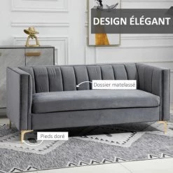 HOMCOM Canapé 3 Places Style Art Déco Piètement Acier Doré Revêtement Velours Gris 11 HOMCOM Canapé 3 Places Style Art Déco Piètement Acier Doré Revêtement Velours Gris -France HOMCOM Soldes 2022 47140812 5