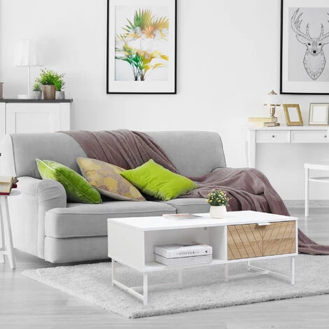 HOMCOM Table Basse Rectangulaire 2 Tiroirs Coulissants Façade Aspect Bois De Chêne Sculpté à Chevrons 2 Niches Piètement Métal Panneaux Blanc 6 HOMCOM Table Basse Rectangulaire 2 Tiroirs Coulissants Façade Aspect Bois De Chêne Sculpté à Chevrons 2 Niches Piètement Métal Panneaux Blanc – Image 4