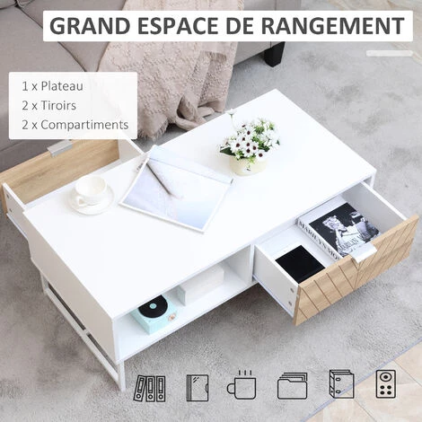 HOMCOM Table Basse Rectangulaire 2 Tiroirs Coulissants Façade Aspect Bois De Chêne Sculpté à Chevrons 2 Niches Piètement Métal Panneaux Blanc 7 HOMCOM Table Basse Rectangulaire 2 Tiroirs Coulissants Façade Aspect Bois De Chêne Sculpté à Chevrons 2 Niches Piètement Métal Panneaux Blanc – Image 5