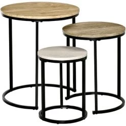 HOMCOM Lot De 3 Tables Basses Rondes Gigognes Encastrables Structure Acier Noir Plateaux MDF Aspect Bois Clair