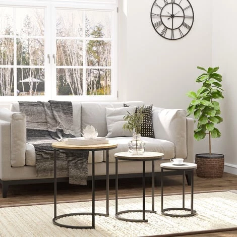 HOMCOM Lot De 3 Tables Basses Rondes Gigognes Encastrables Structure Acier Noir Plateaux MDF Aspect Bois Clair 4 HOMCOM Lot De 3 Tables Basses Rondes Gigognes Encastrables Structure Acier Noir Plateaux MDF Aspect Bois Clair – Image 2