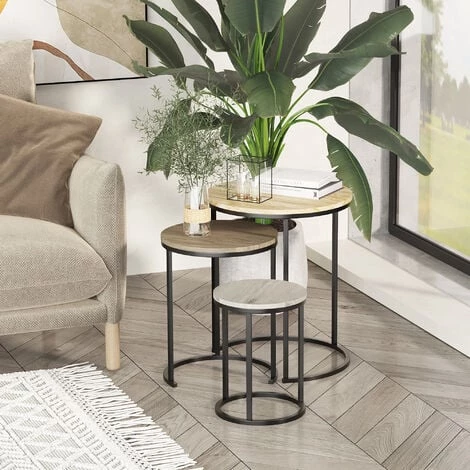 HOMCOM Lot De 3 Tables Basses Rondes Gigognes Encastrables Structure Acier Noir Plateaux MDF Aspect Bois Clair 6 HOMCOM Lot De 3 Tables Basses Rondes Gigognes Encastrables Structure Acier Noir Plateaux MDF Aspect Bois Clair – Image 4