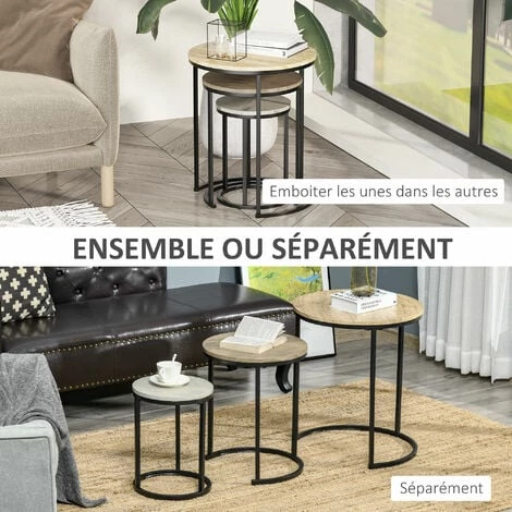 HOMCOM Lot De 3 Tables Basses Rondes Gigognes Encastrables Structure Acier Noir Plateaux MDF Aspect Bois Clair 7 HOMCOM Lot De 3 Tables Basses Rondes Gigognes Encastrables Structure Acier Noir Plateaux MDF Aspect Bois Clair – Image 5