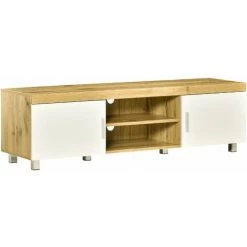 HOMCOM Meuble TV Banc TV Sur Pieds 2 Placards 2 Niches 2 Passe-fils MDF Aspect Chêne Clair Blanc