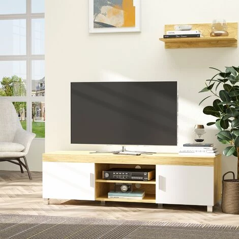 HOMCOM Meuble TV Banc TV Sur Pieds 2 Placards 2 Niches 2 Passe-fils MDF Aspect Chêne Clair Blanc 4 HOMCOM Meuble TV Banc TV Sur Pieds 2 Placards 2 Niches 2 Passe-fils MDF Aspect Chêne Clair Blanc – Image 2