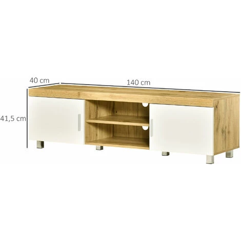 HOMCOM Meuble TV Banc TV Sur Pieds 2 Placards 2 Niches 2 Passe-fils MDF Aspect Chêne Clair Blanc 5 HOMCOM Meuble TV Banc TV Sur Pieds 2 Placards 2 Niches 2 Passe-fils MDF Aspect Chêne Clair Blanc – Image 3
