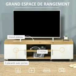HOMCOM Meuble TV Banc TV Sur Pieds 2 Placards 2 Niches 2 Passe-fils MDF Aspect Chêne Clair Blanc 10 HOMCOM Meuble TV Banc TV Sur Pieds 2 Placards 2 Niches 2 Passe-fils MDF Aspect Chêne Clair Blanc -France HOMCOM Soldes 2022 47140839 4