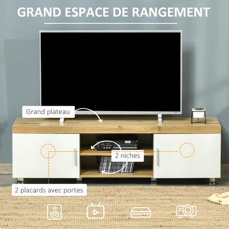 HOMCOM Meuble TV Banc TV Sur Pieds 2 Placards 2 Niches 2 Passe-fils MDF Aspect Chêne Clair Blanc 6 HOMCOM Meuble TV Banc TV Sur Pieds 2 Placards 2 Niches 2 Passe-fils MDF Aspect Chêne Clair Blanc – Image 4
