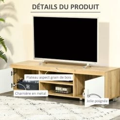 HOMCOM Meuble TV Banc TV Sur Pieds 2 Placards 2 Niches 2 Passe-fils MDF Aspect Chêne Clair Blanc 11 HOMCOM Meuble TV Banc TV Sur Pieds 2 Placards 2 Niches 2 Passe-fils MDF Aspect Chêne Clair Blanc -France HOMCOM Soldes 2022 47140839 5