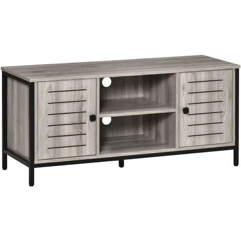 HOMCOM Meuble TV Banc TV Style Contemporain - 2 Niches, 2 Portes, Passe-câbles, Grand Plateau - Dim. 110L X 40l X 50H Cm - Structure Acier Noir Aspect Bois Gris 3 HOMCOM Meuble TV Banc TV Style Contemporain - 2 Niches, 2 Portes, Passe-câbles, Grand Plateau - Dim. 110L X 40l X 50H Cm - Structure Acier Noir Aspect Bois Gris