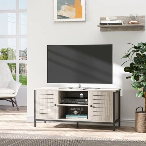 HOMCOM Meuble TV Banc TV Style Contemporain - 2 Niches, 2 Portes, Passe-câbles, Grand Plateau - Dim. 110L X 40l X 50H Cm - Structure Acier Noir Aspect Bois Gris 4 HOMCOM Meuble TV Banc TV Style Contemporain - 2 Niches, 2 Portes, Passe-câbles, Grand Plateau - Dim. 110L X 40l X 50H Cm - Structure Acier Noir Aspect Bois Gris – Image 2