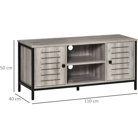 HOMCOM Meuble TV Banc TV Style Contemporain - 2 Niches, 2 Portes, Passe-câbles, Grand Plateau - Dim. 110L X 40l X 50H Cm - Structure Acier Noir Aspect Bois Gris 5 HOMCOM Meuble TV Banc TV Style Contemporain - 2 Niches, 2 Portes, Passe-câbles, Grand Plateau - Dim. 110L X 40l X 50H Cm - Structure Acier Noir Aspect Bois Gris – Image 3