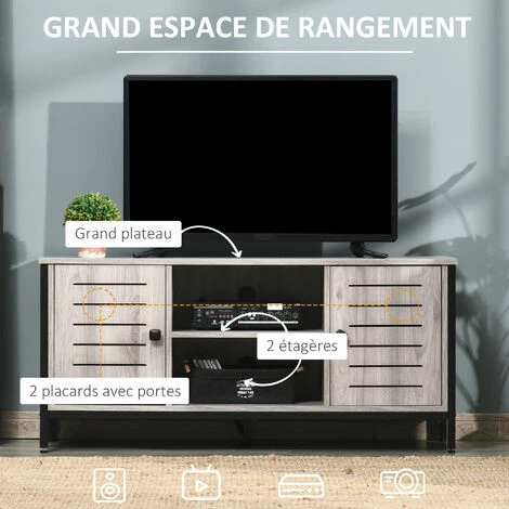 HOMCOM Meuble TV Banc TV Style Contemporain - 2 Niches, 2 Portes, Passe-câbles, Grand Plateau - Dim. 110L X 40l X 50H Cm - Structure Acier Noir Aspect Bois Gris 6 HOMCOM Meuble TV Banc TV Style Contemporain - 2 Niches, 2 Portes, Passe-câbles, Grand Plateau - Dim. 110L X 40l X 50H Cm - Structure Acier Noir Aspect Bois Gris – Image 4
