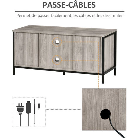 HOMCOM Meuble TV Banc TV Style Contemporain - 2 Niches, 2 Portes, Passe-câbles, Grand Plateau - Dim. 110L X 40l X 50H Cm - Structure Acier Noir Aspect Bois Gris 7 HOMCOM Meuble TV Banc TV Style Contemporain - 2 Niches, 2 Portes, Passe-câbles, Grand Plateau - Dim. 110L X 40l X 50H Cm - Structure Acier Noir Aspect Bois Gris – Image 5