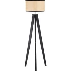 HOMCOM Lampadaire Trépied Cannage Style Cosy 40 W Max. H.147H Cm Piètement Effilé Bois D'hévéa Noir Abat-jout Cannage