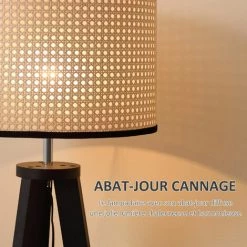 HOMCOM Lampadaire Trépied Cannage Style Cosy 40 W Max. H.147H Cm Piètement Effilé Bois D'hévéa Noir Abat-jout Cannage -France HOMCOM Soldes 2022 47140912 5