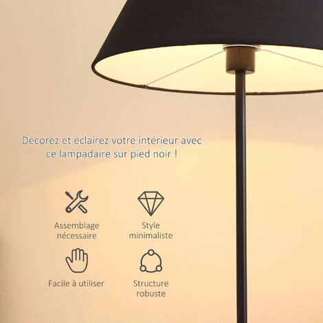 HOMCOM Lampadaire Sur Pied Circulaire H.1,48 M 40 W Max. Piètement Mât Métal Abat-jour Ø 45 Cm Polyester Coton Noir 6 HOMCOM Lampadaire Sur Pied Circulaire H.1,48 M 40 W Max. Piètement Mât Métal Abat-jour Ø 45 Cm Polyester Coton Noir – Image 4