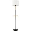 HOMCOM Lampadaire étagère Style Industriel - Piètement Mât Métal Noir - étagère, Extrémité Haute Bois D'hévéa - Abat-jour Polyester Coton Blanc