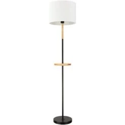 HOMCOM Lampadaire étagère Style Industriel - Piètement Mât Métal Noir - étagère, Extrémité Haute Bois D'hévéa - Abat-jour Polyester Coton Blanc