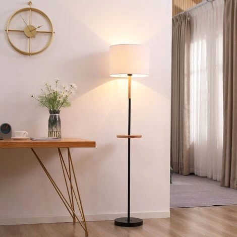 HOMCOM Lampadaire étagère Style Industriel - Piètement Mât Métal Noir - étagère, Extrémité Haute Bois D'hévéa - Abat-jour Polyester Coton Blanc 4 HOMCOM Lampadaire étagère Style Industriel - Piètement Mât Métal Noir - étagère, Extrémité Haute Bois D'hévéa - Abat-jour Polyester Coton Blanc – Image 2