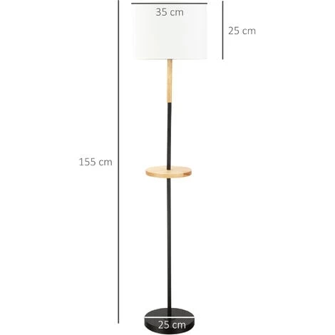 HOMCOM Lampadaire étagère Style Industriel - Piètement Mât Métal Noir - étagère, Extrémité Haute Bois D'hévéa - Abat-jour Polyester Coton Blanc 5 HOMCOM Lampadaire étagère Style Industriel - Piètement Mât Métal Noir - étagère, Extrémité Haute Bois D'hévéa - Abat-jour Polyester Coton Blanc – Image 3