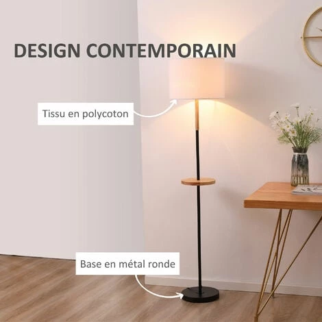 HOMCOM Lampadaire étagère Style Industriel - Piètement Mât Métal Noir - étagère, Extrémité Haute Bois D'hévéa - Abat-jour Polyester Coton Blanc 6 HOMCOM Lampadaire étagère Style Industriel - Piètement Mât Métal Noir - étagère, Extrémité Haute Bois D'hévéa - Abat-jour Polyester Coton Blanc – Image 4