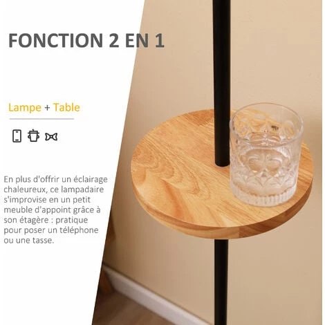 HOMCOM Lampadaire étagère Style Industriel - Piètement Mât Métal Noir - étagère, Extrémité Haute Bois D'hévéa - Abat-jour Polyester Coton Blanc 7 HOMCOM Lampadaire étagère Style Industriel - Piètement Mât Métal Noir - étagère, Extrémité Haute Bois D'hévéa - Abat-jour Polyester Coton Blanc – Image 5