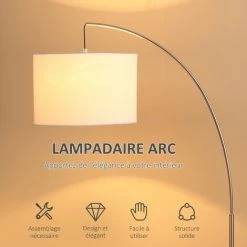 HOMCOM Lampadaire Arc - Lampadaire Arceau Courbé Design Contemporain - Pied Corps Métal Chromé, Abat-jour Polyester Coton Blanc 10 HOMCOM Lampadaire Arc - Lampadaire Arceau Courbé Design Contemporain - Pied Corps Métal Chromé, Abat-jour Polyester Coton Blanc -France HOMCOM Soldes 2022 47140936 4