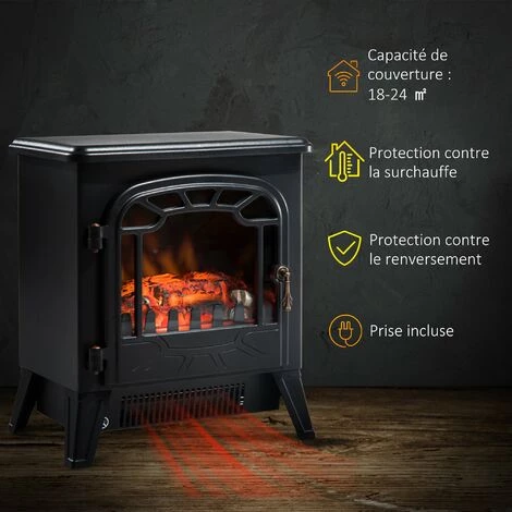 HOMCOM Cheminée électrique Radiateur Imitation Flamme Avec Luminosité Et Réglable 900 W / 1800 W Porte Métal Verre Trempé Noir - Noir 6 HOMCOM Cheminée électrique Radiateur Imitation Flamme Avec Luminosité Et Réglable 900 W / 1800 W Porte Métal Verre Trempé Noir - Noir – Image 4
