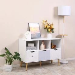 HOMCOM Meuble De Rangement Pour Enfant - Commode Scandinave - 3 Tiroirs, 3 Niches - Dim. 100L X 39l X 69H Cm - Piètement Bois De Pin - Panneaux Motif étoile Triangle Blanc Lavande Clair -France HOMCOM Soldes 2022 47488921 2