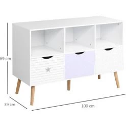 HOMCOM Meuble De Rangement Pour Enfant - Commode Scandinave - 3 Tiroirs, 3 Niches - Dim. 100L X 39l X 69H Cm - Piètement Bois De Pin - Panneaux Motif étoile Triangle Blanc Lavande Clair -France HOMCOM Soldes 2022 47488921 3