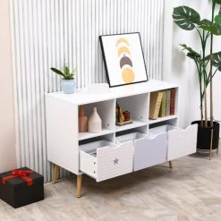 HOMCOM Meuble De Rangement Pour Enfant - Commode Scandinave - 3 Tiroirs, 3 Niches - Dim. 100L X 39l X 69H Cm - Piètement Bois De Pin - Panneaux Motif étoile Triangle Blanc Lavande Clair -France HOMCOM Soldes 2022 47488921 4