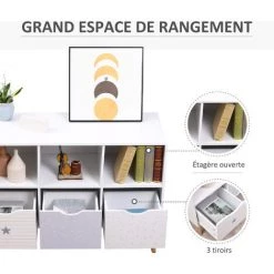 HOMCOM Meuble De Rangement Pour Enfant - Commode Scandinave - 3 Tiroirs, 3 Niches - Dim. 100L X 39l X 69H Cm - Piètement Bois De Pin - Panneaux Motif étoile Triangle Blanc Lavande Clair -France HOMCOM Soldes 2022 47488921 5