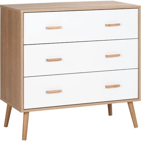 HOMCOM Commode Design Scandinave Sur Pieds 3 Tiroirs Coulissants Pieds Effilés Inclinés Panneaux Particules Blanc Aspect Bois Clair - Beige 3 HOMCOM Commode Design Scandinave Sur Pieds 3 Tiroirs Coulissants Pieds Effilés Inclinés Panneaux Particules Blanc Aspect Bois Clair - Beige