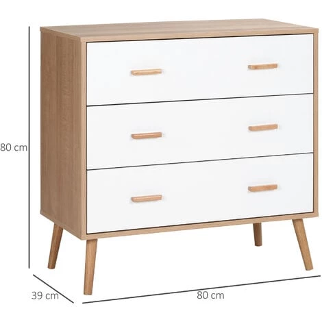 HOMCOM Commode Design Scandinave Sur Pieds 3 Tiroirs Coulissants Pieds Effilés Inclinés Panneaux Particules Blanc Aspect Bois Clair - Beige 5 HOMCOM Commode Design Scandinave Sur Pieds 3 Tiroirs Coulissants Pieds Effilés Inclinés Panneaux Particules Blanc Aspect Bois Clair - Beige – Image 3