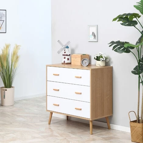 HOMCOM Commode Design Scandinave Sur Pieds 3 Tiroirs Coulissants Pieds Effilés Inclinés Panneaux Particules Blanc Aspect Bois Clair - Beige 6 HOMCOM Commode Design Scandinave Sur Pieds 3 Tiroirs Coulissants Pieds Effilés Inclinés Panneaux Particules Blanc Aspect Bois Clair - Beige – Image 4