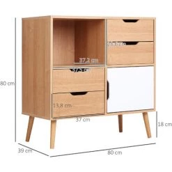 HOMCOM Commode Design Scandinave Sur Pieds 4 Tiroirs Coulissants Niche Placard Pieds Effilés Inclinés Panneaux Particules Blanc Aspect Bois Clair - Beige -France HOMCOM Soldes 2022 47488928 3