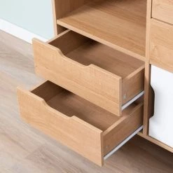 HOMCOM Commode Design Scandinave Sur Pieds 4 Tiroirs Coulissants Niche Placard Pieds Effilés Inclinés Panneaux Particules Blanc Aspect Bois Clair - Beige -France HOMCOM Soldes 2022 47488928 4