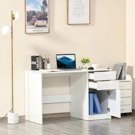 HOMCOM Bureau Informatique Multimédia 2 Tiroirs Couliisants Placard Blanc Laqué - Blanc 4 HOMCOM Bureau Informatique Multimédia 2 Tiroirs Couliisants Placard Blanc Laqué - Blanc – Image 2