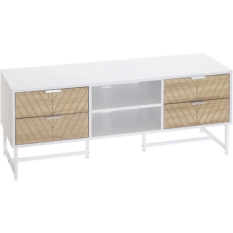 HOMCOM Meuble TV Banc TV Style Graphique - 4 Tiroirs, 2 Niches, 2 Passe-fils - Piètement Métal Panneaux Particules Aspect Bois De Chêne Sculpté à Chevrons Blanc - Blanc 3 HOMCOM Meuble TV Banc TV Style Graphique - 4 Tiroirs, 2 Niches, 2 Passe-fils - Piètement Métal Panneaux Particules Aspect Bois De Chêne Sculpté à Chevrons Blanc - Blanc