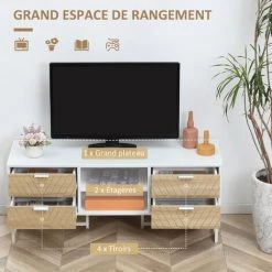 HOMCOM Meuble TV Banc TV Style Graphique - 4 Tiroirs, 2 Niches, 2 Passe-fils - Piètement Métal Panneaux Particules Aspect Bois De Chêne Sculpté à Chevrons Blanc - Blanc 10 HOMCOM Meuble TV Banc TV Style Graphique - 4 Tiroirs, 2 Niches, 2 Passe-fils - Piètement Métal Panneaux Particules Aspect Bois De Chêne Sculpté à Chevrons Blanc - Blanc -France HOMCOM Soldes 2022 47488960 4