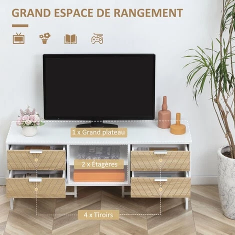 HOMCOM Meuble TV Banc TV Style Graphique - 4 Tiroirs, 2 Niches, 2 Passe-fils - Piètement Métal Panneaux Particules Aspect Bois De Chêne Sculpté à Chevrons Blanc - Blanc 6 HOMCOM Meuble TV Banc TV Style Graphique - 4 Tiroirs, 2 Niches, 2 Passe-fils - Piètement Métal Panneaux Particules Aspect Bois De Chêne Sculpté à Chevrons Blanc - Blanc – Image 4