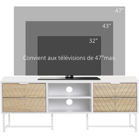 HOMCOM Meuble TV Banc TV Style Graphique - 4 Tiroirs, 2 Niches, 2 Passe-fils - Piètement Métal Panneaux Particules Aspect Bois De Chêne Sculpté à Chevrons Blanc - Blanc 7 HOMCOM Meuble TV Banc TV Style Graphique - 4 Tiroirs, 2 Niches, 2 Passe-fils - Piètement Métal Panneaux Particules Aspect Bois De Chêne Sculpté à Chevrons Blanc - Blanc – Image 5