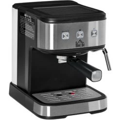 HOMCOM Machine à Expresso - Machine à Café 850 W - 1 Ou 2 Tasses - Pression 15 Bars - Réservoir D'eau 1,5 L - Arrêt Auto. - Percolateur Et Buse Vapeur - Acier Alu. Brossé ABS Noir