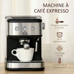HOMCOM Machine à Expresso - Machine à Café 850 W - 1 Ou 2 Tasses - Pression 15 Bars - Réservoir D'eau 1,5 L - Arrêt Auto. - Percolateur Et Buse Vapeur - Acier Alu. Brossé ABS Noir -France HOMCOM Soldes 2022 48139789 4